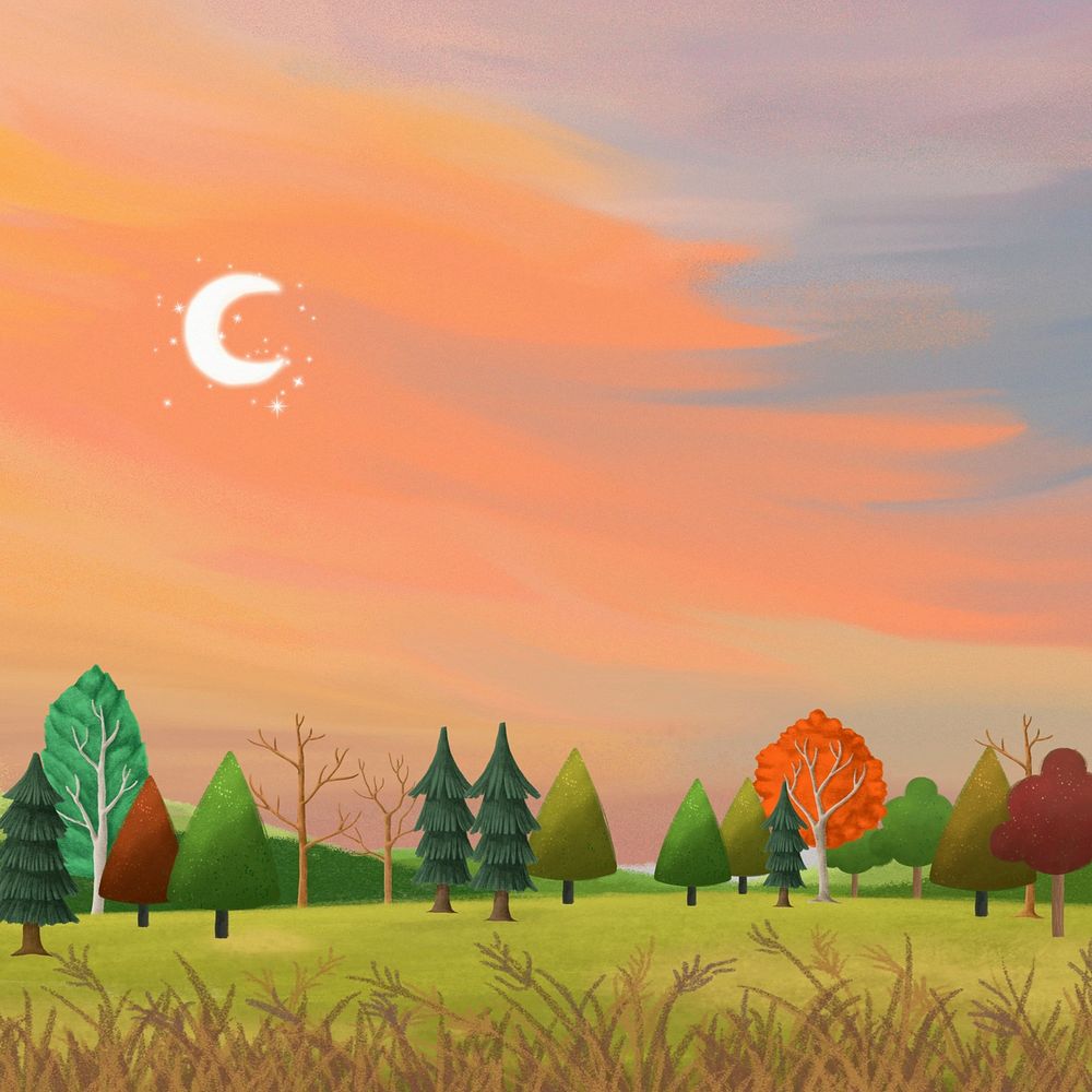 Aesthetic nature landscape background, sunset sky illustration