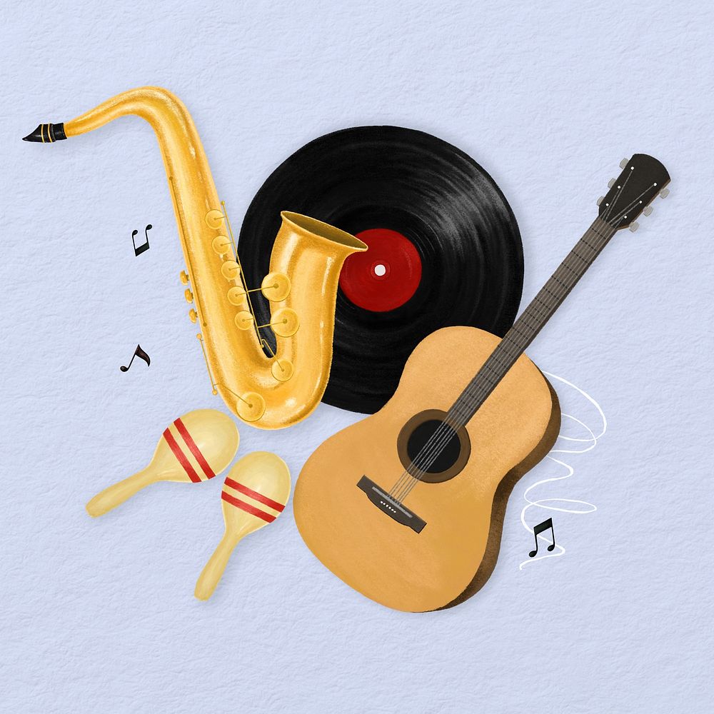 Jazz music aesthetic, saxophone, acoustic guitar illustration