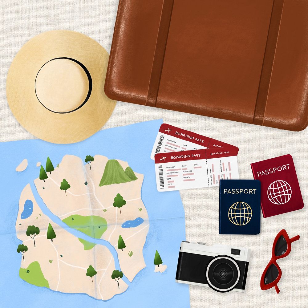 Travel aesthetic, luggage, passport and map illustration