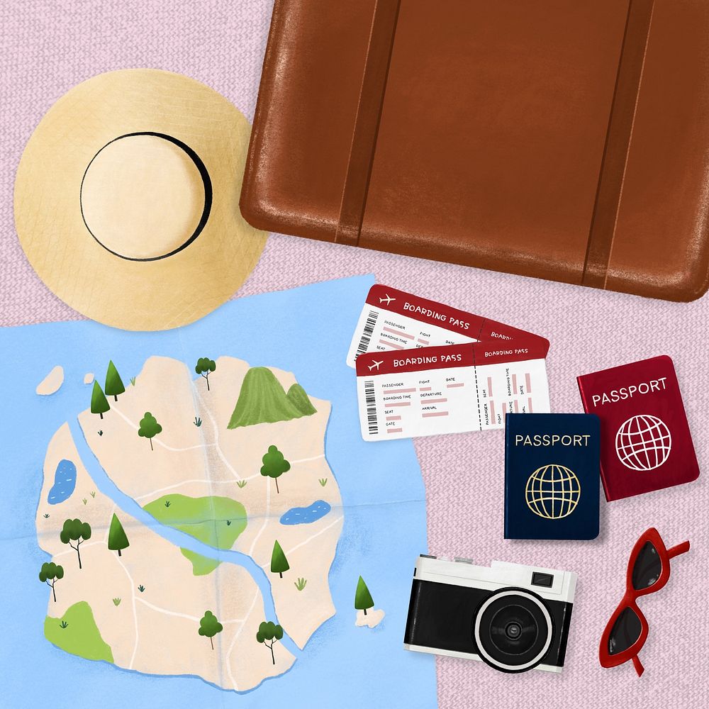 Travel aesthetic, luggage, passport and map illustration