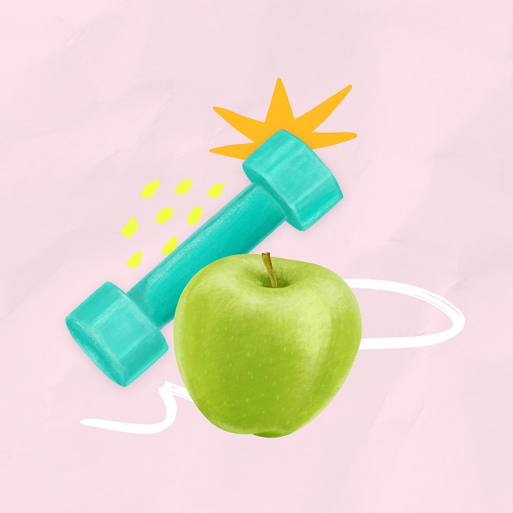 Healthy diet, dumbbell and apple illustration