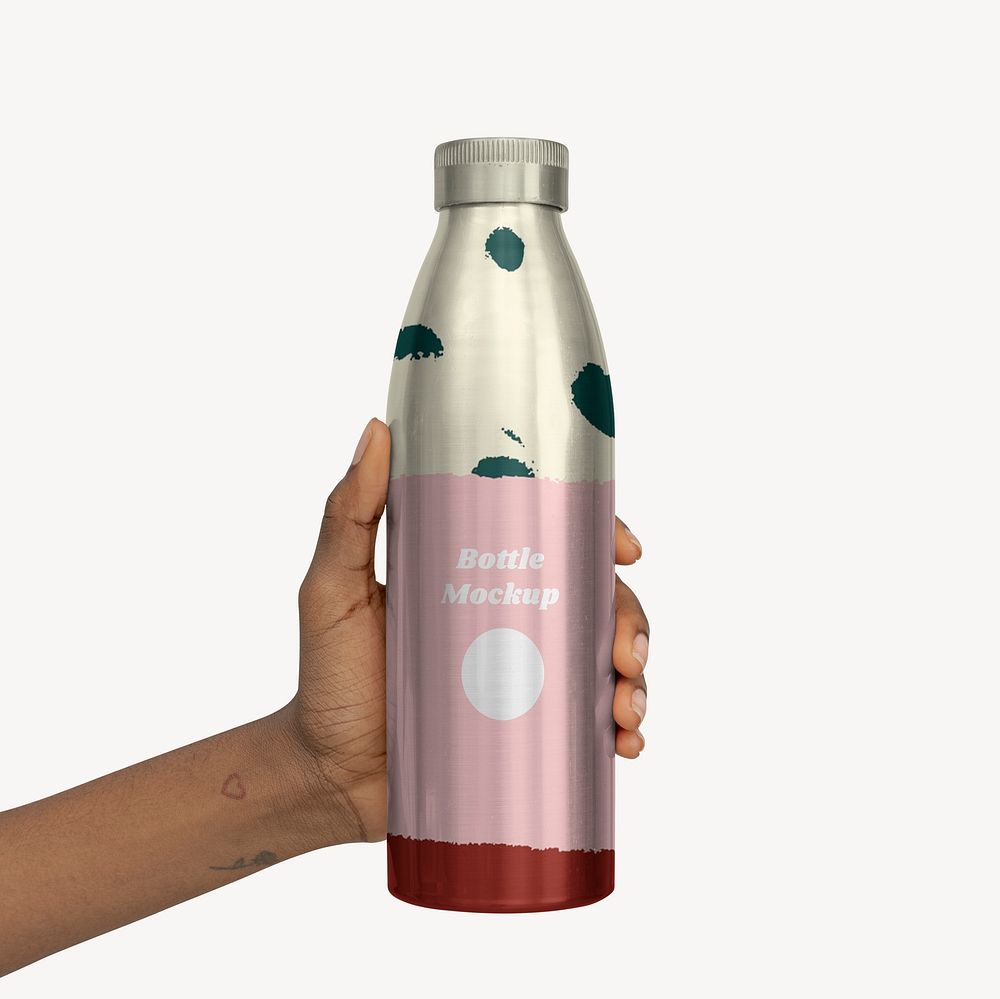 Hand holding a stainless steel bottle mockup