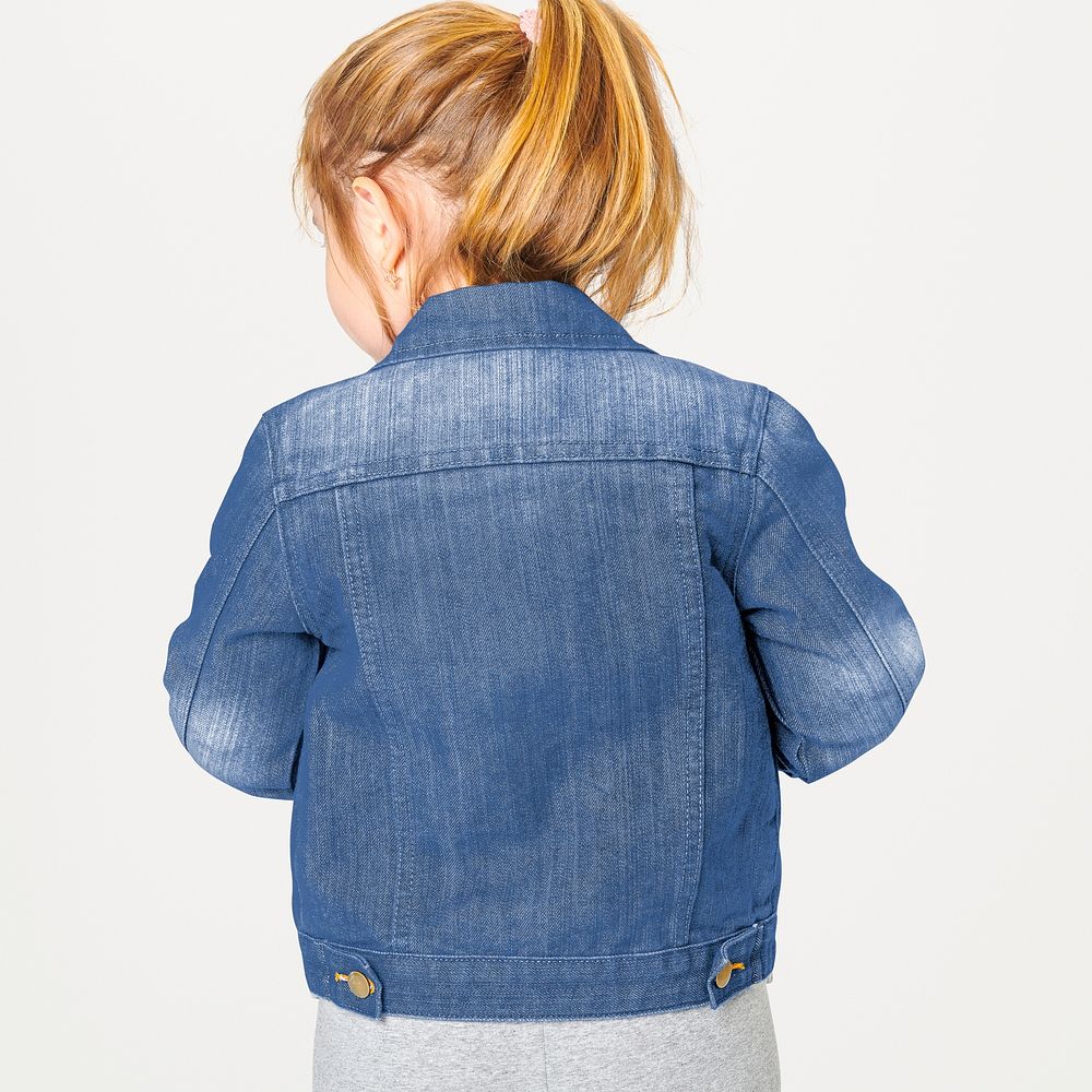 Girl's blue denim jacket psd mockup in studio