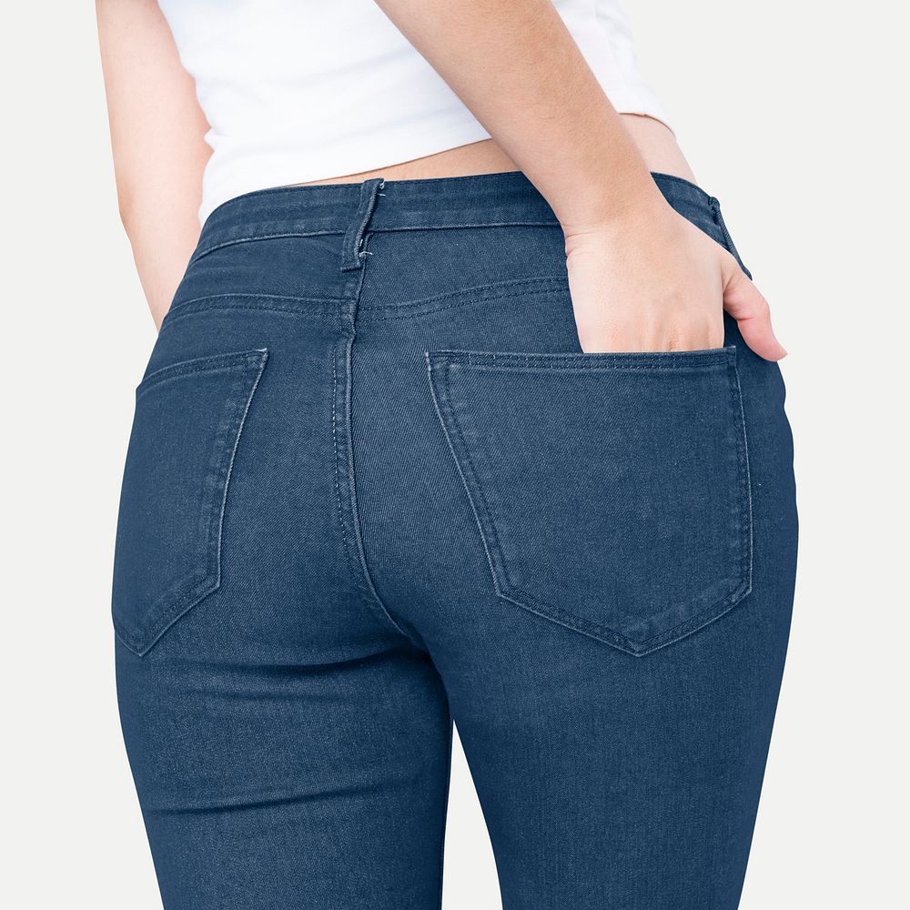 Blue jeans psd mockup hand in pocket women&rsquo;s apparel shoot rear view