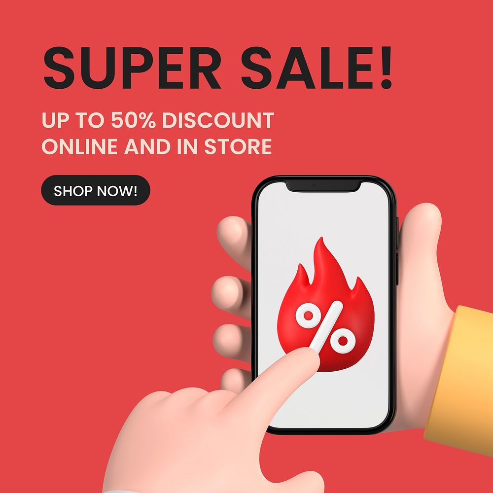 Super sale Instagram ad template, 3D rendered discount vector