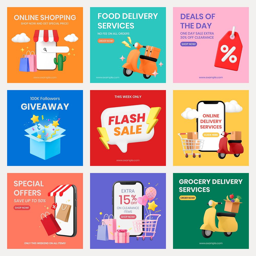Special offer Facebook ad templates, colorful ecommerce design vector set