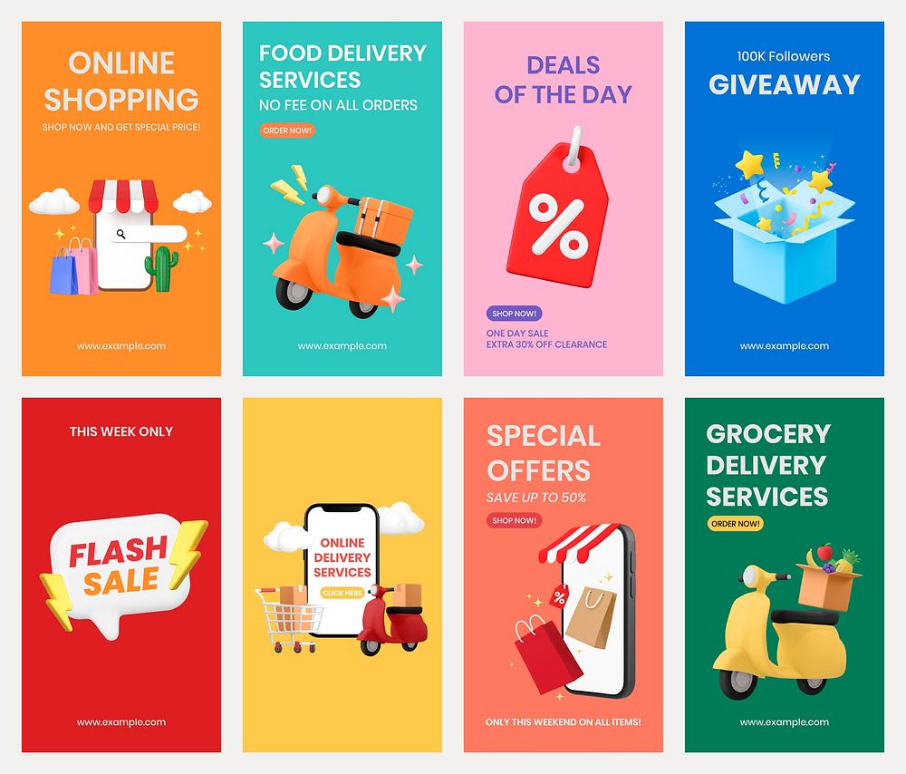 3D e-commerce Instagram story templates, online shopping design psd set