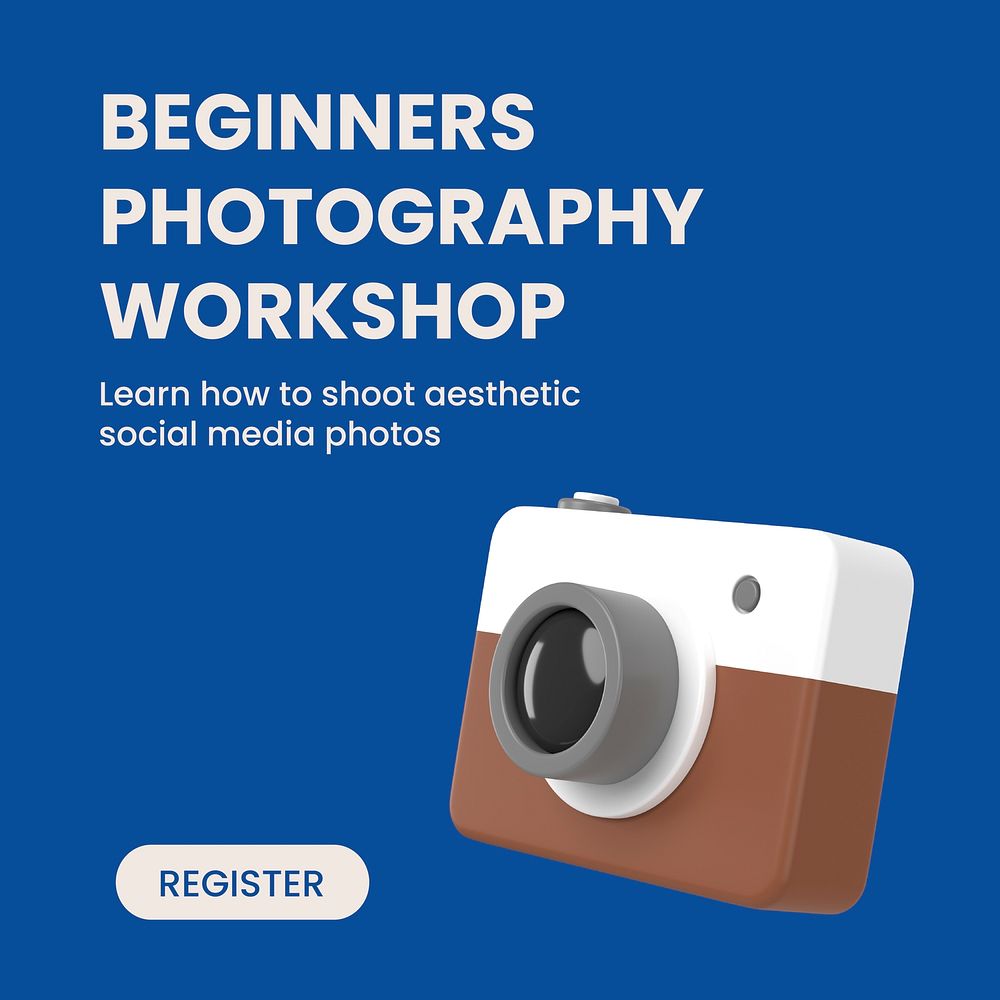 Photography workshop Facebook post template, 3D design vector