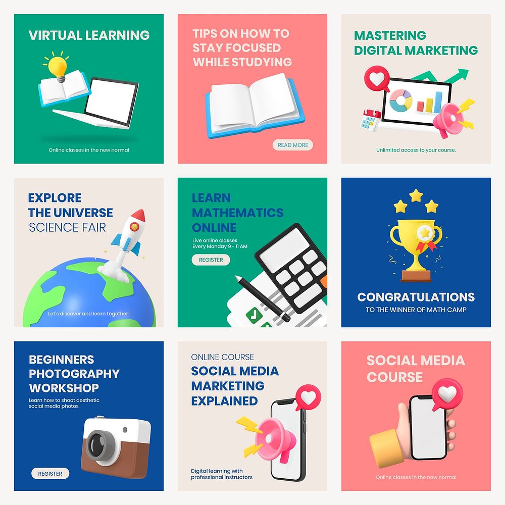 Online course Instagram post template, 3D business ad set psd