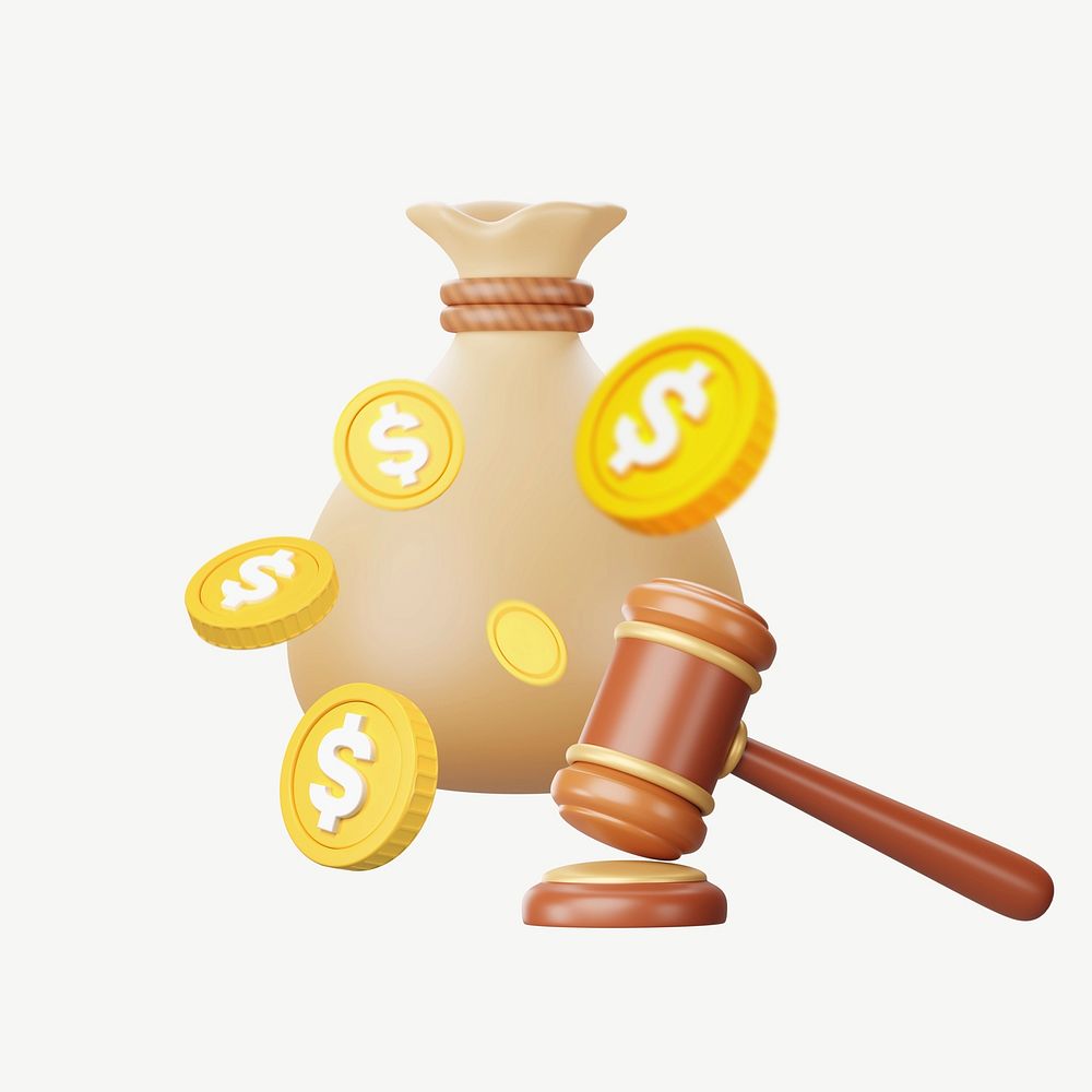 Financial law, 3D gavel & money bag remix psd
