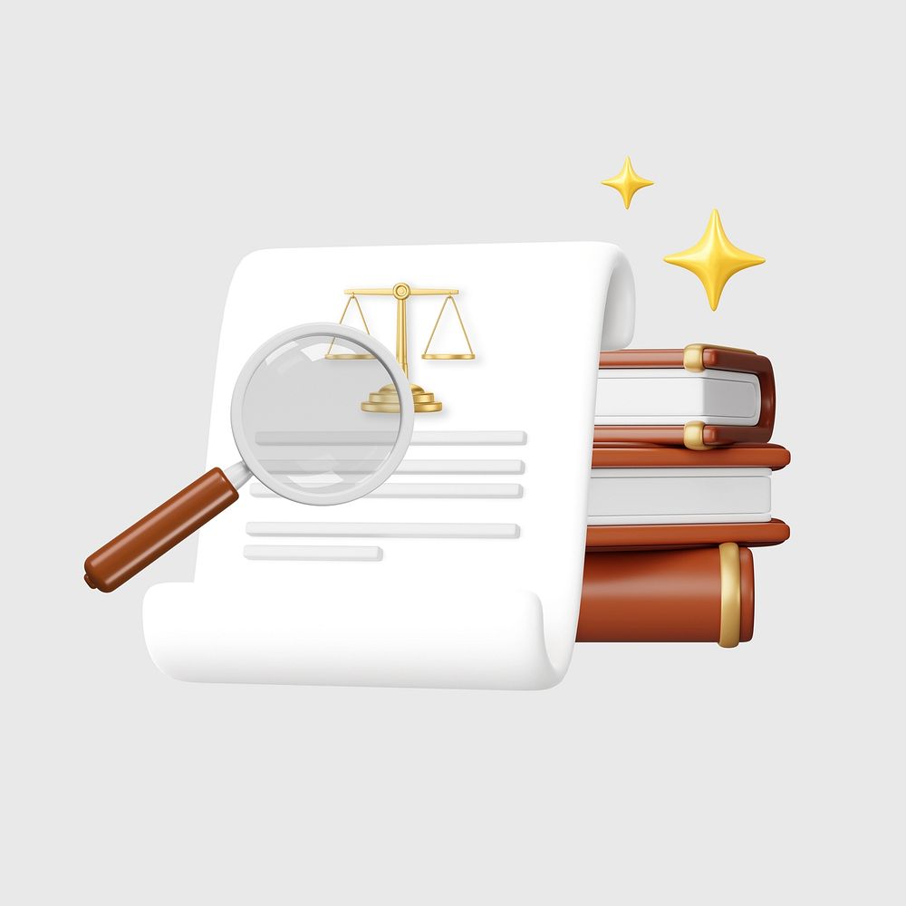 Court subpoena, magnifying glass & parchment, 3D law remix psd