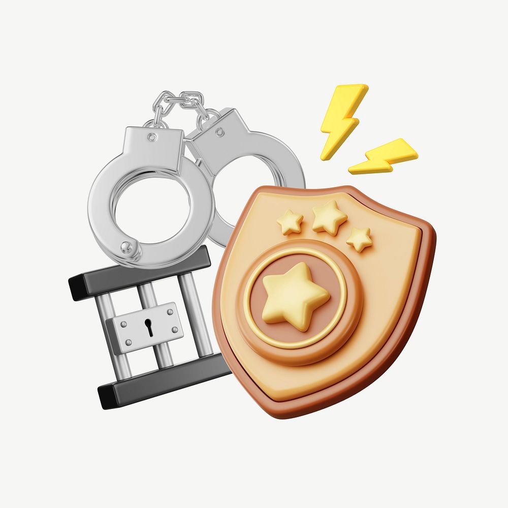 Police star badge, handcuffs & cell, 3D job remix psd