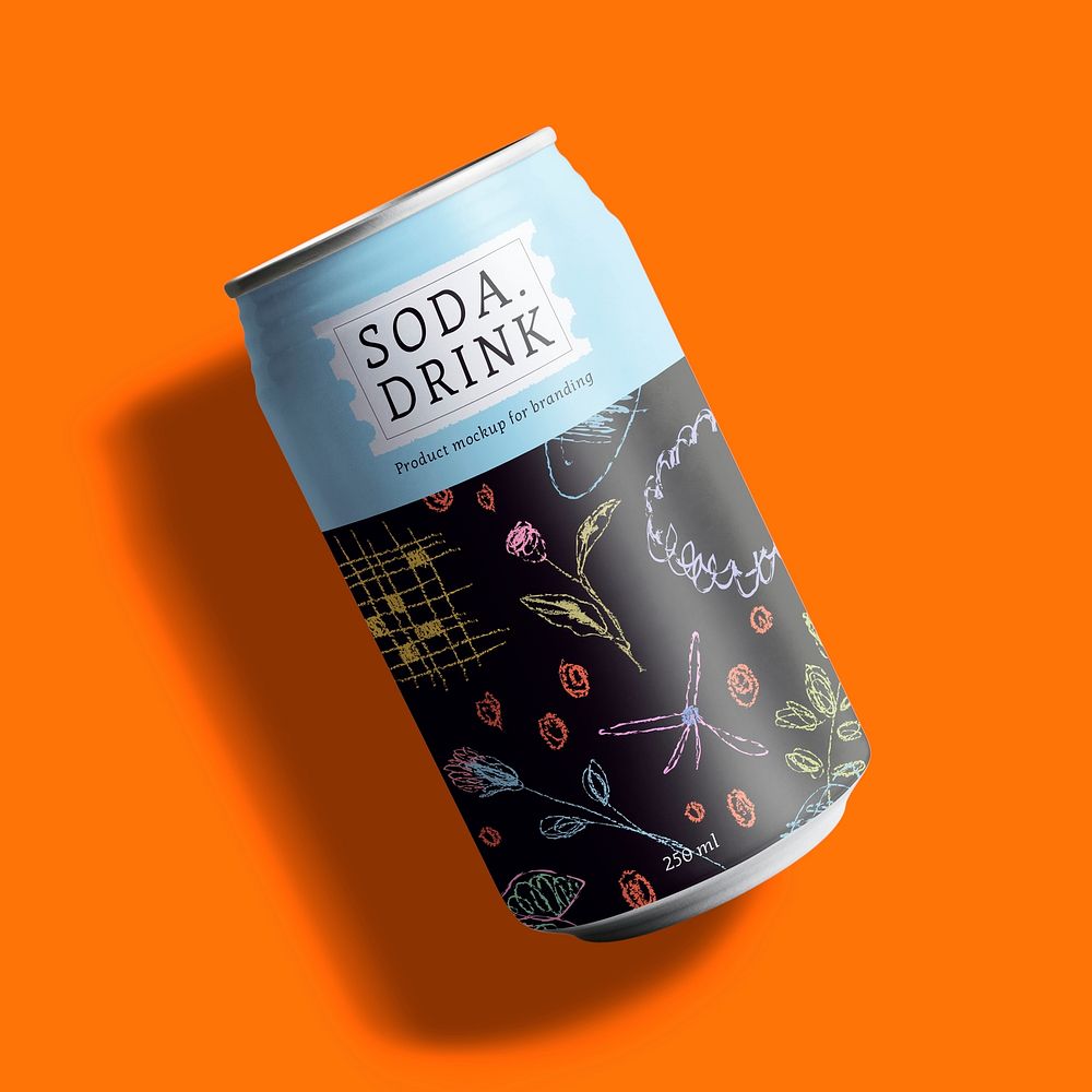 Soda can mockup, hand drawn doodle on red background psd