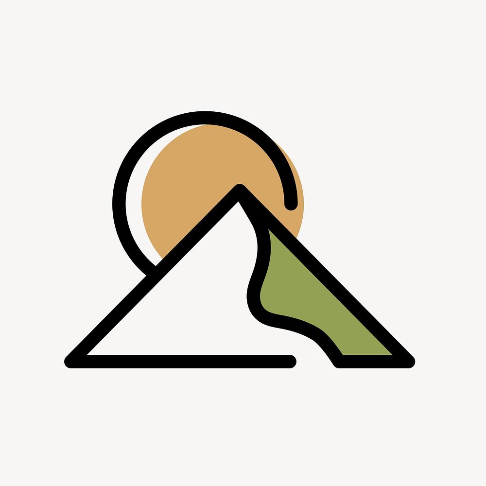 Sunset mountain travel icon, line art design vector