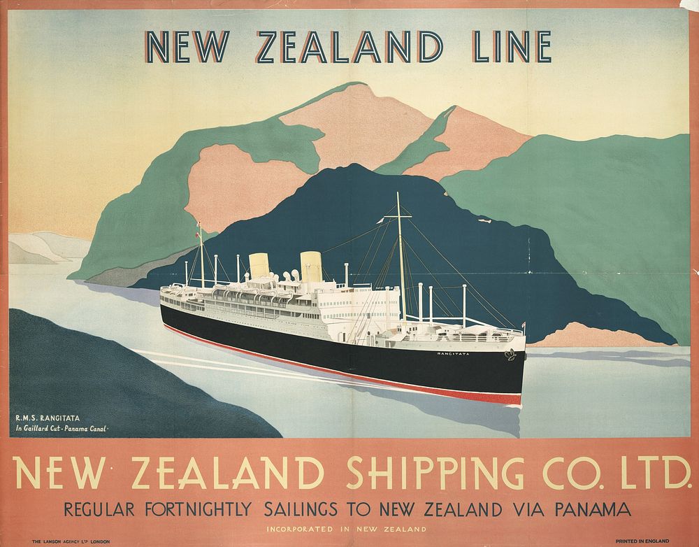 New Zealand Shipping Company Ltd, New Zealand line. R.M.S. Rangitata in Gaillard Cut, 1930s, Screenprint, 980 x 1253 mm…