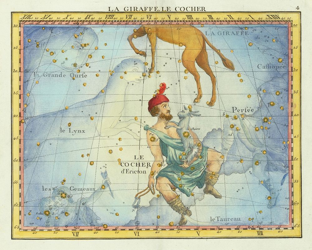 1776 star chart of the constellations Camelopardal & Auriga and neighboring constellations, from Fortin's Atlas Celeste de…