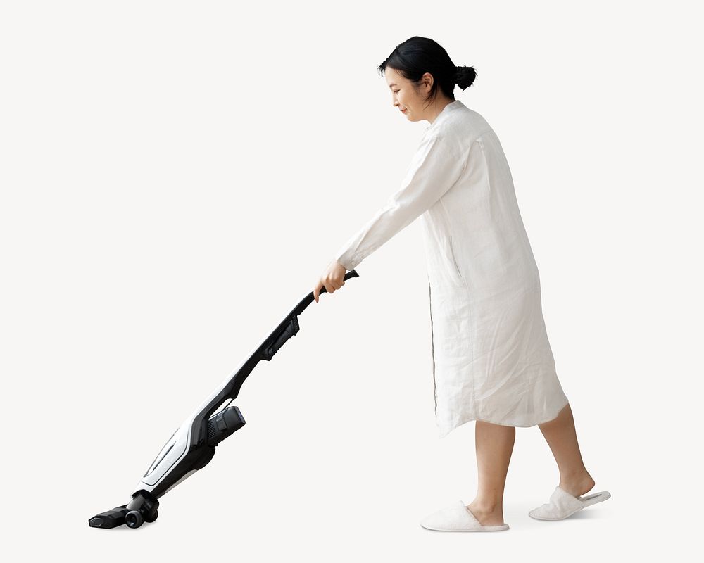 Japanese woman vacuuming isolated image on white