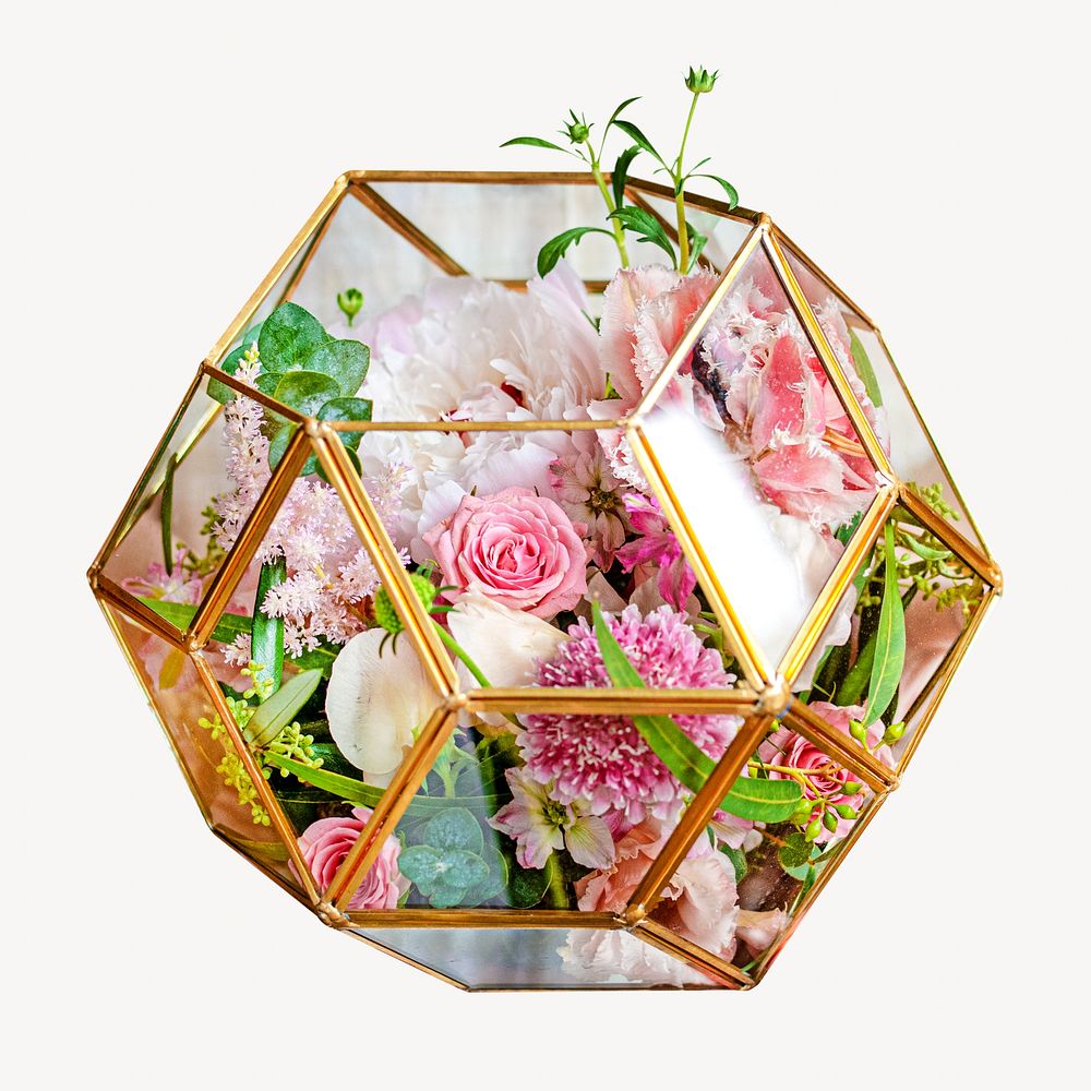 Pink flower terrarium isolated image on white