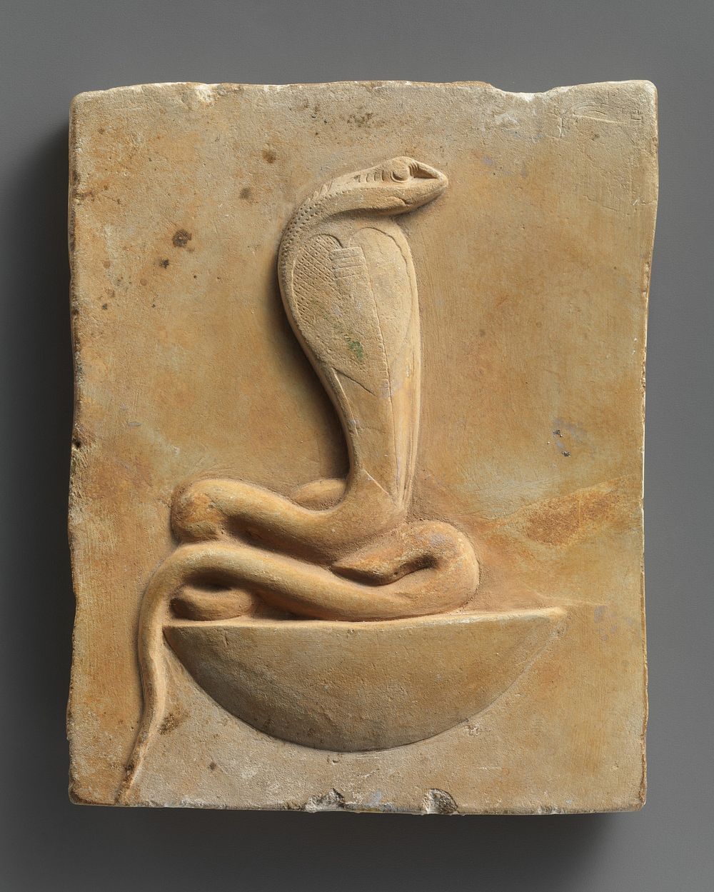 Relief plaque of cobra on a neb basket