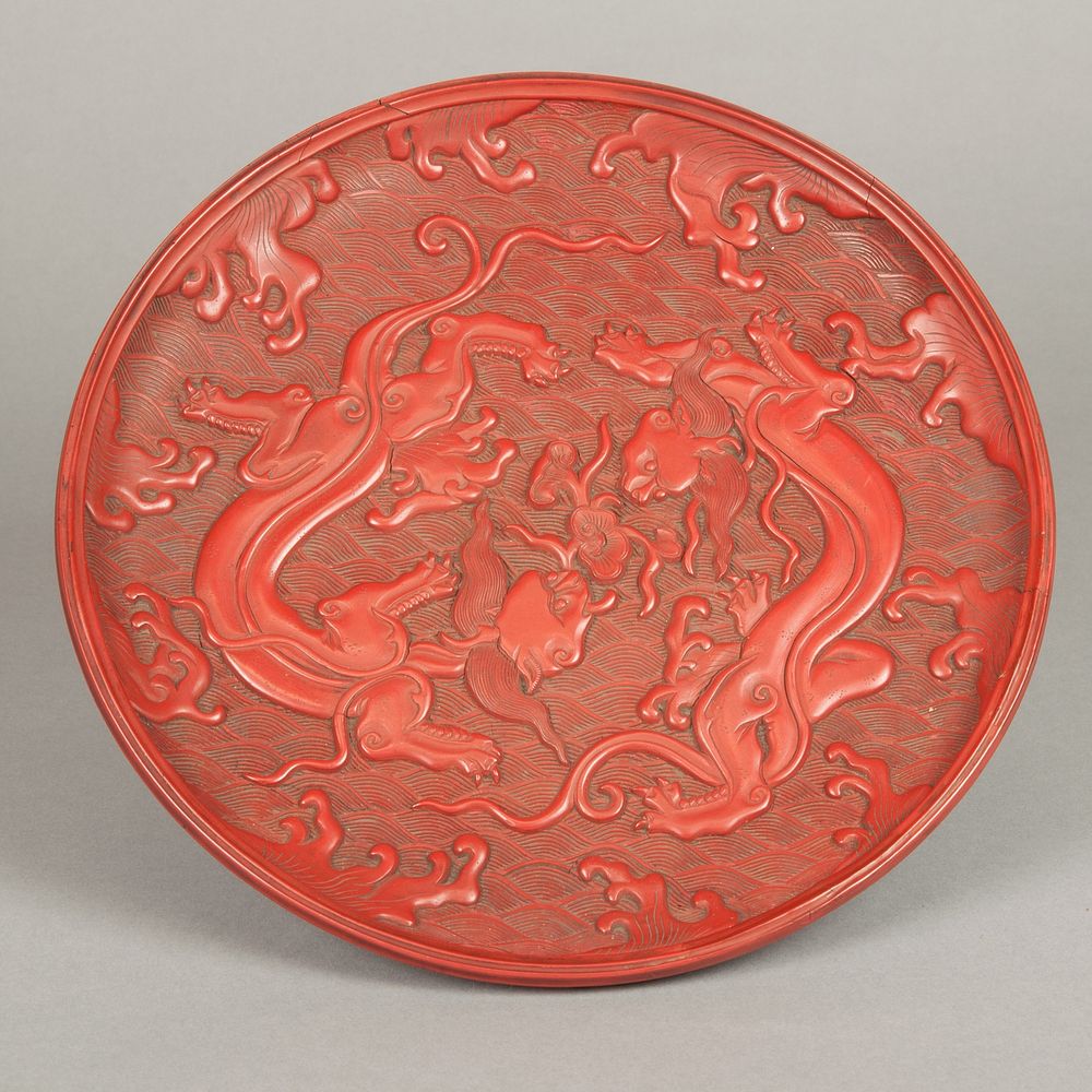 Tray with Design of Dragons in Waves