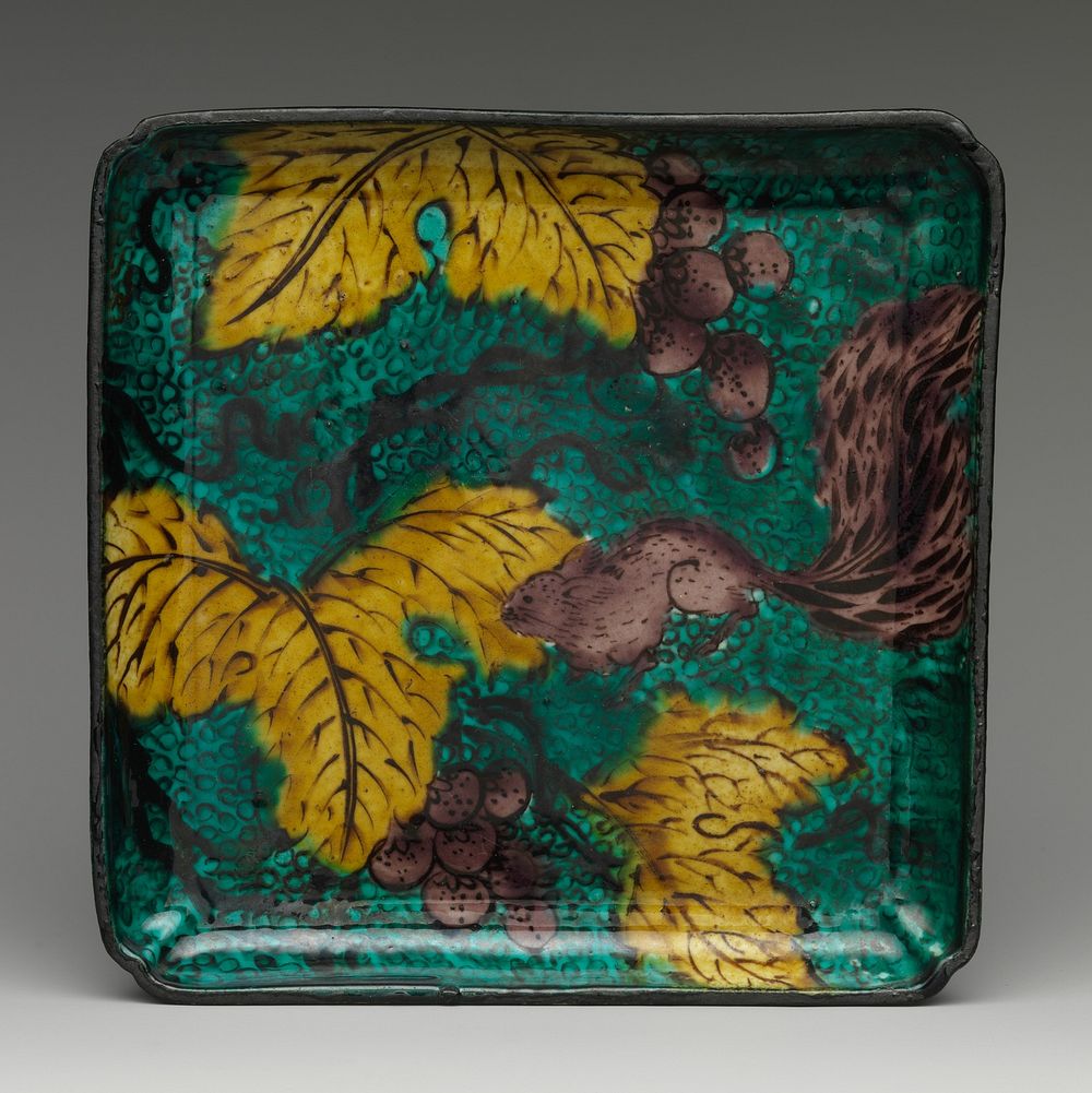 Square Plate with Design of Grapes and Squirrel