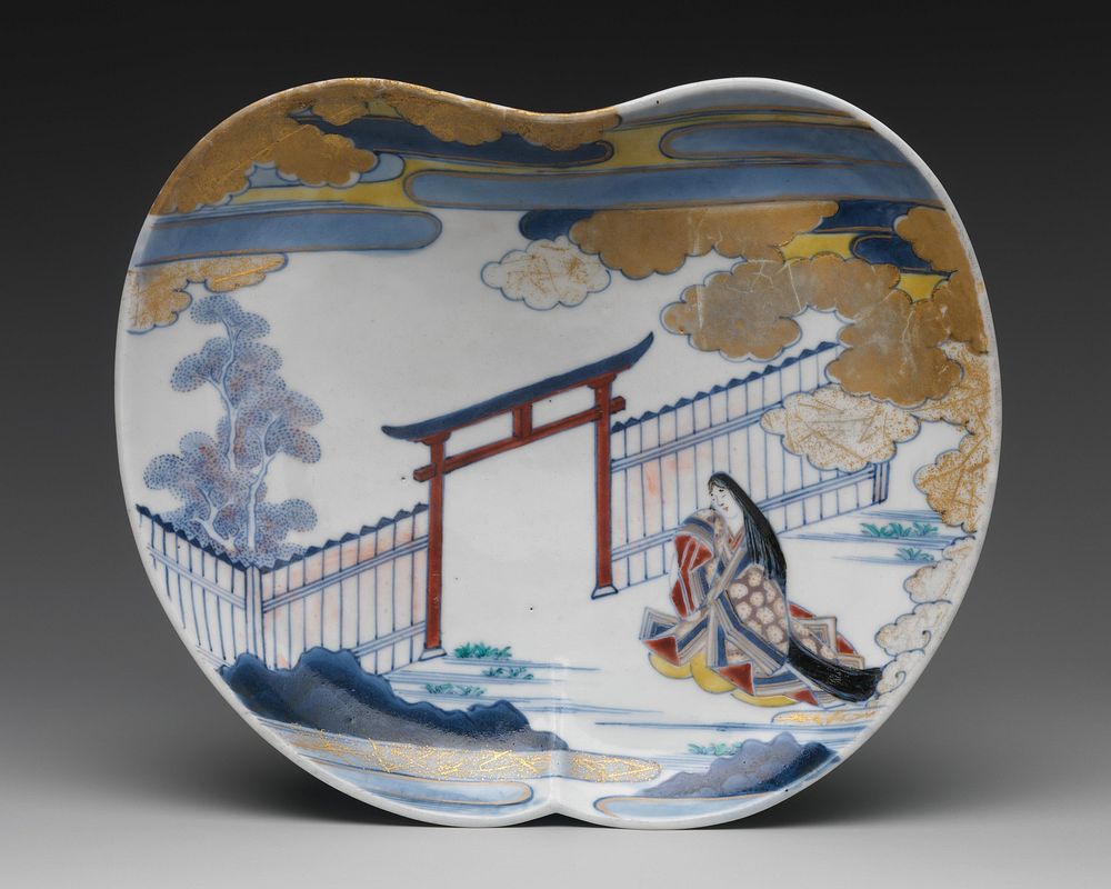 Dish with Design of Court Lady by the Gate of a Shinto Shrine