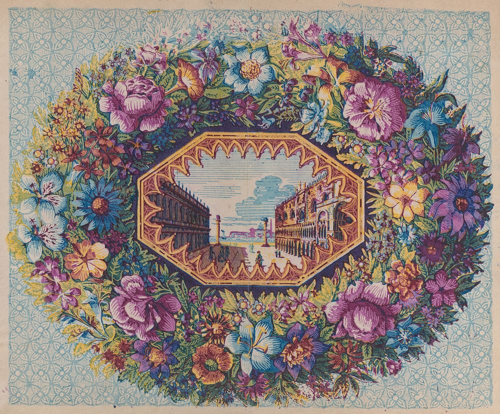 Sheet with a view of San Marco within a floral wreath