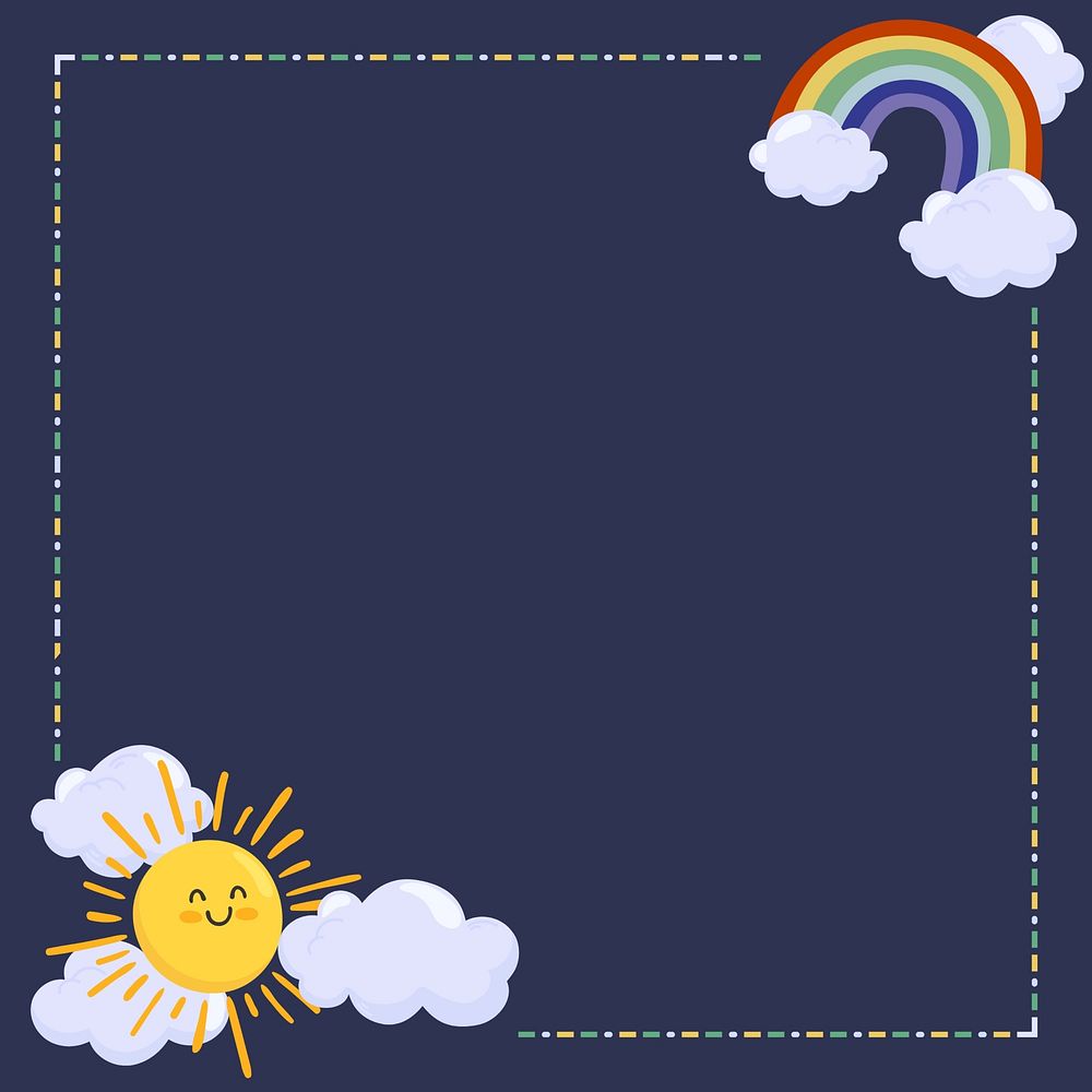 Sunny rainbow frame illustration background, navy blue border 