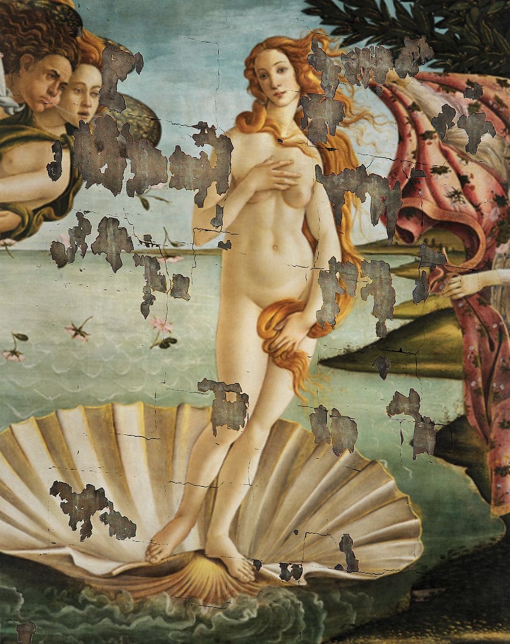 Weathered Sandro Botticelli's The Birth of Venus painting. Remixed by rawpixel.