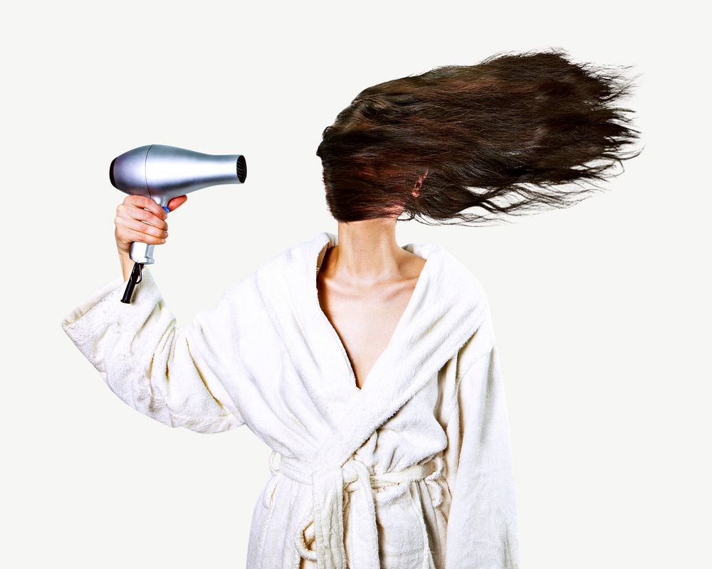 Woman with blow dryer   collage element psd