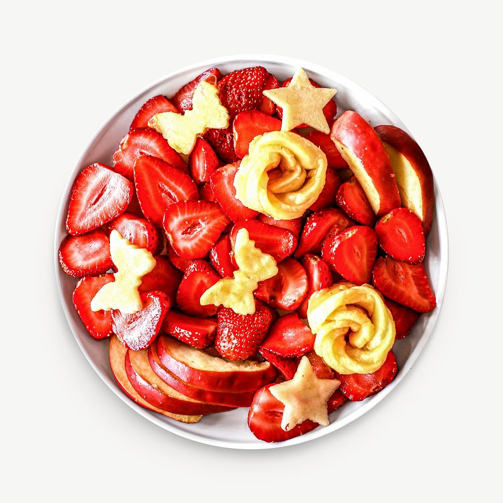 Fruit salad bowl red strawberry apple collage element psd