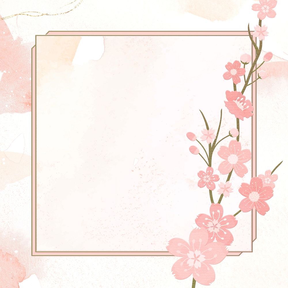 Pink flower illustration, square frame on watercolor background