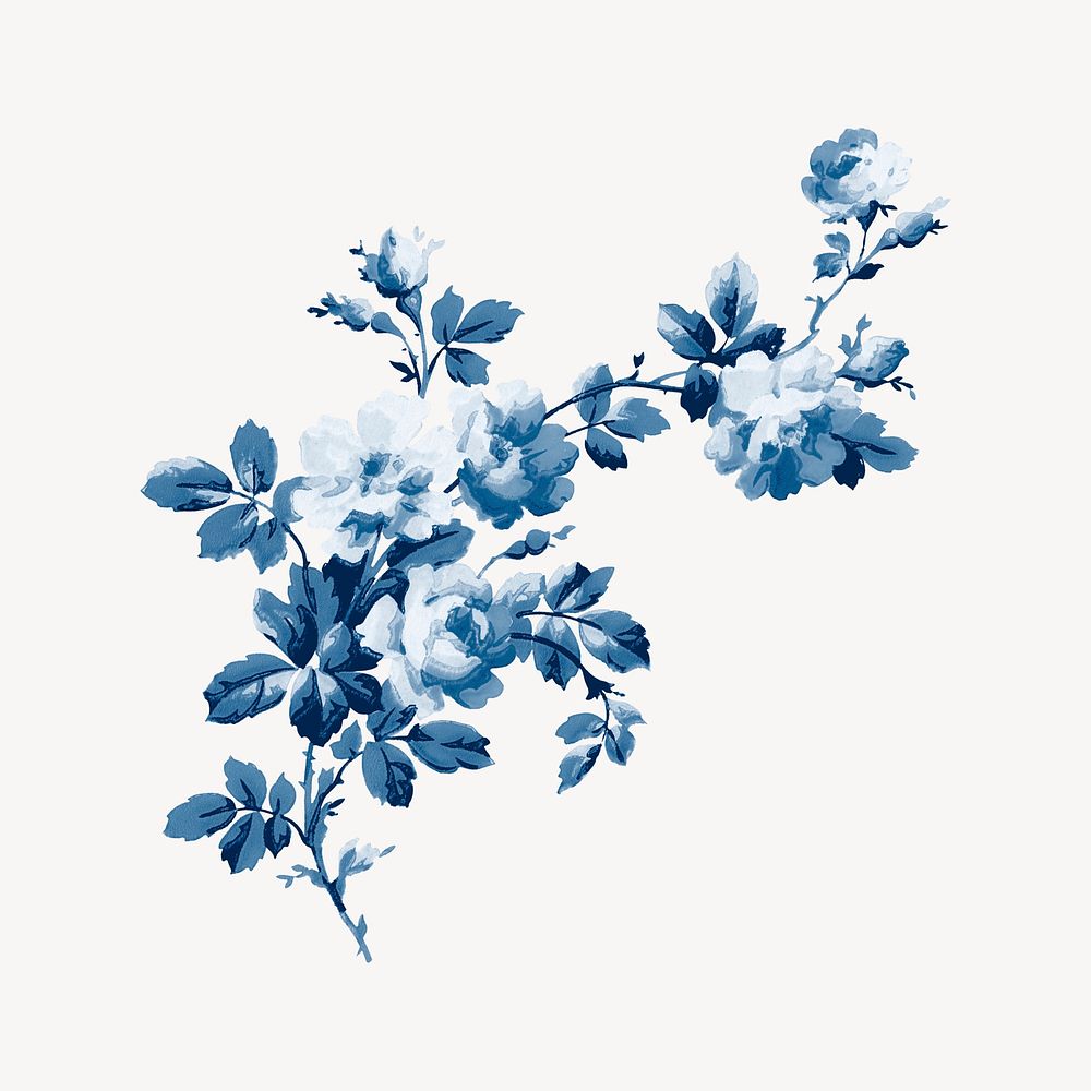 Aesthetic vintage flower painting, blue, monochromatic psd