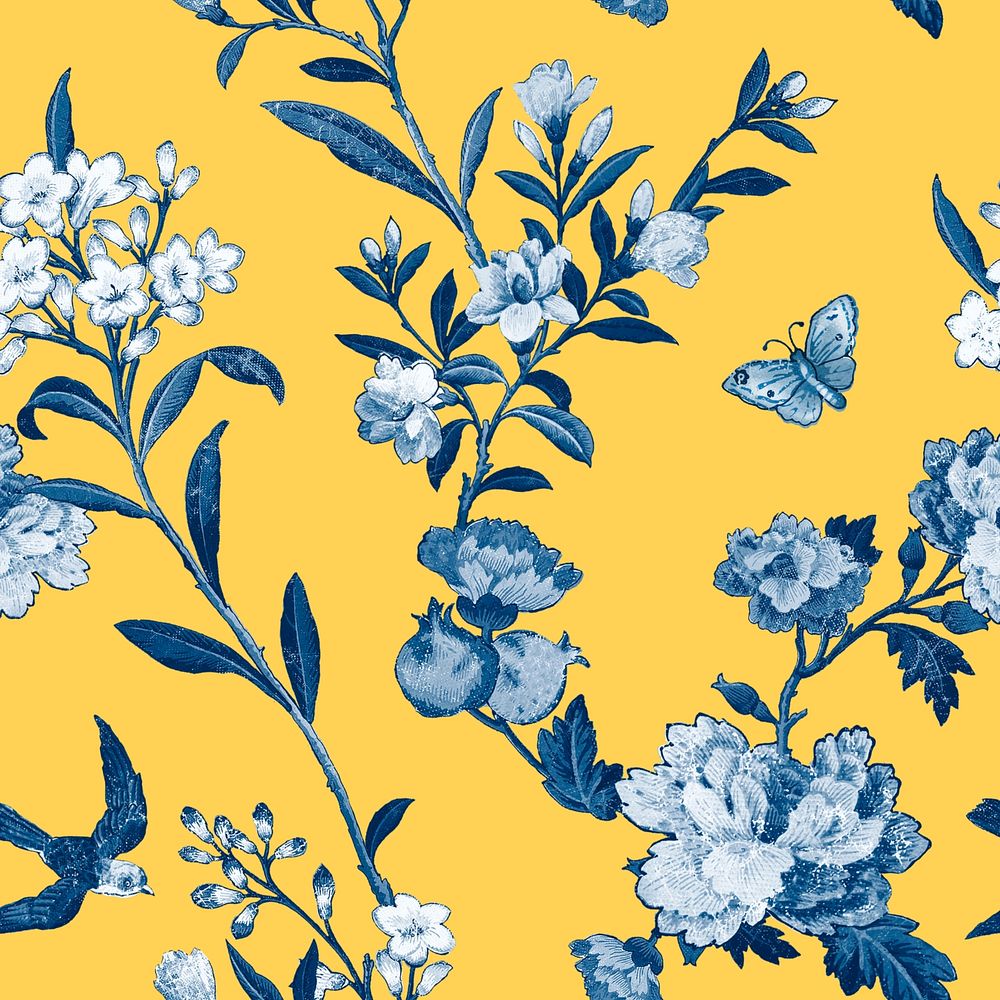 Almond blossoms floral pattern, yellow background