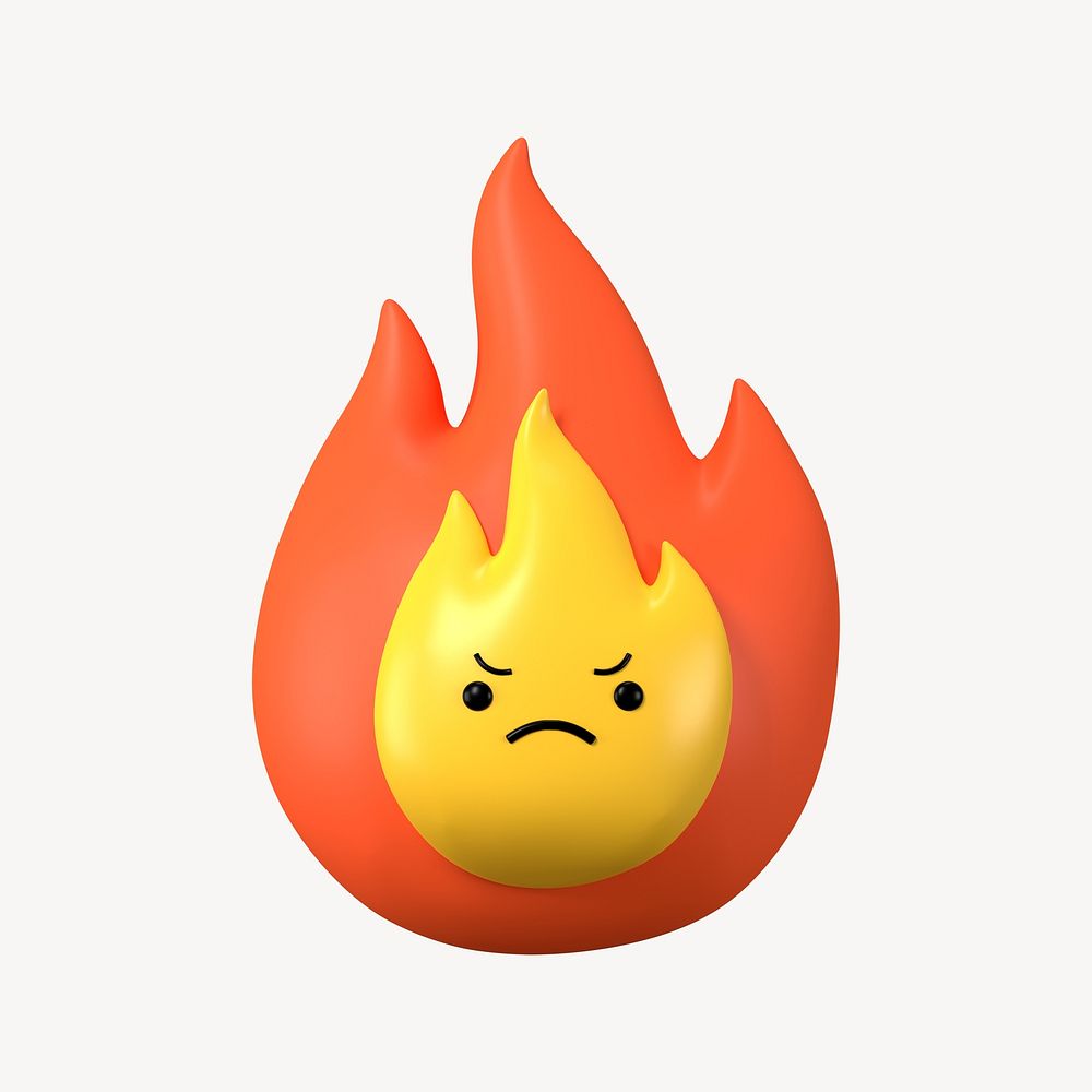 3D grumpy fire, emoticon illustration