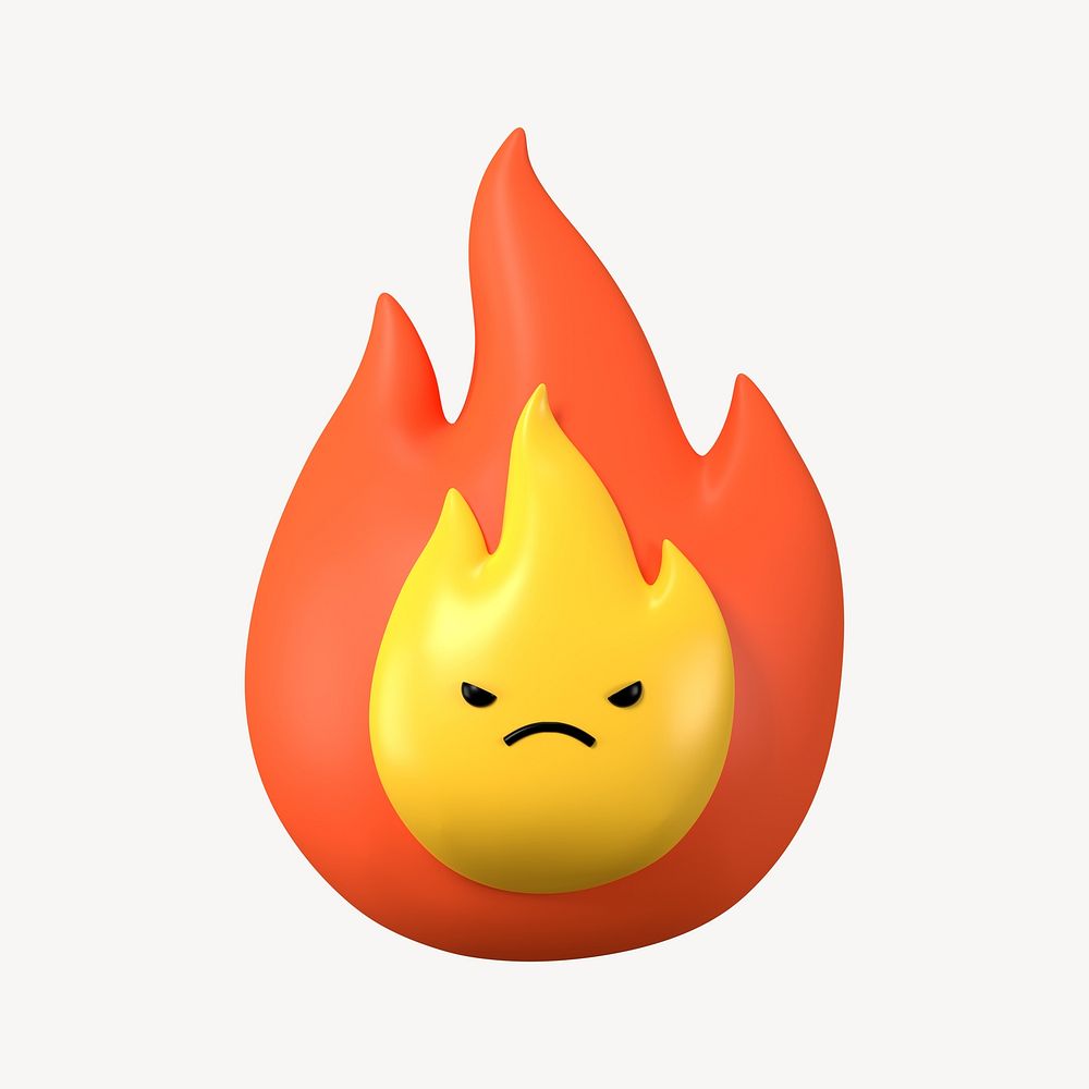 3D grumpy fire, emoticon illustration