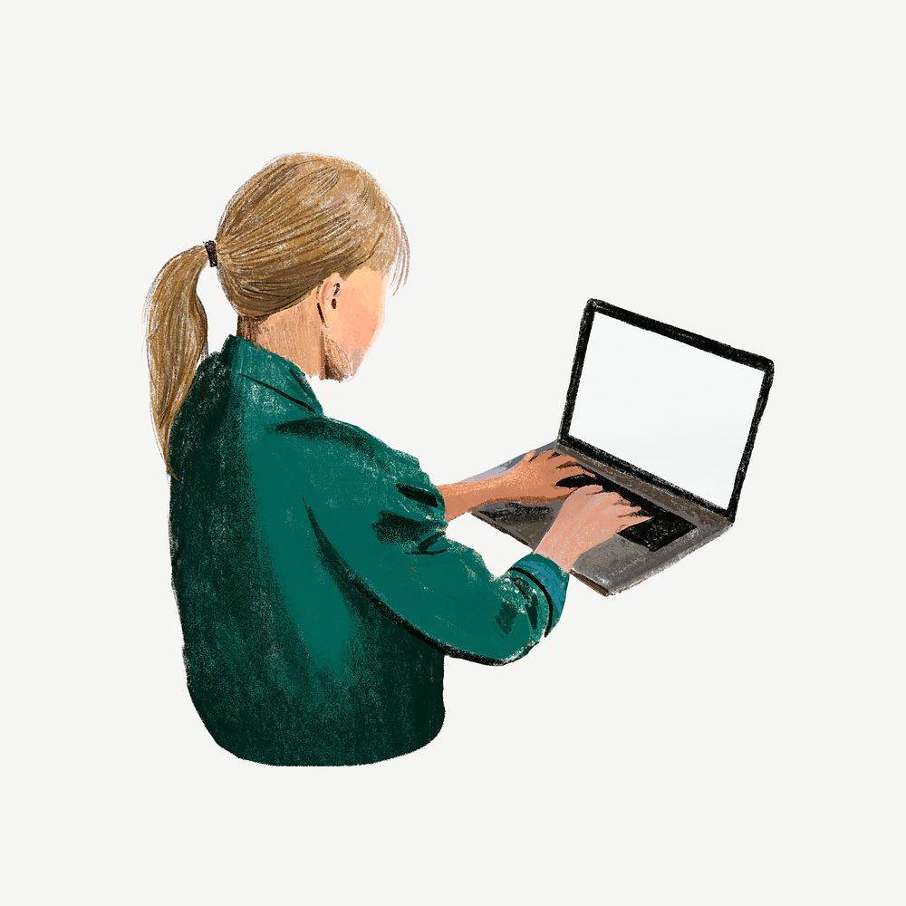 Woman working on laptop illustration, design element psd