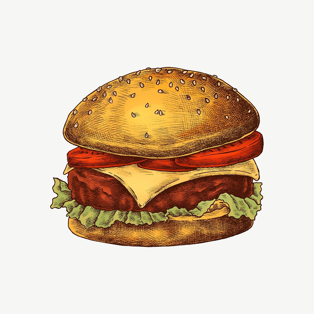 Burger vintage illustration, collage element psd