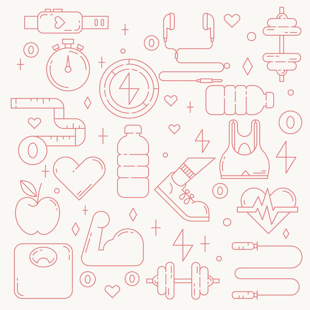 Fitness, health & wellness icons, pink line art collection