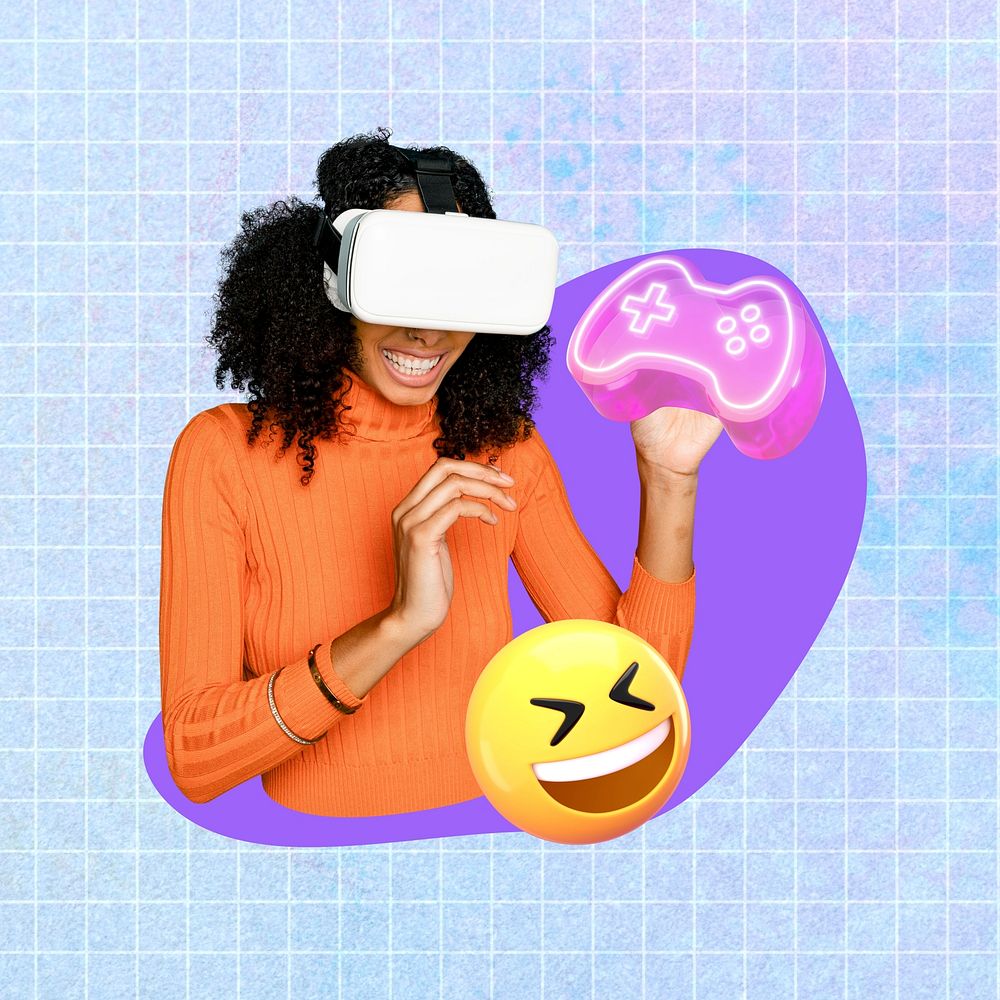 Black woman playing VR game, 3D remix