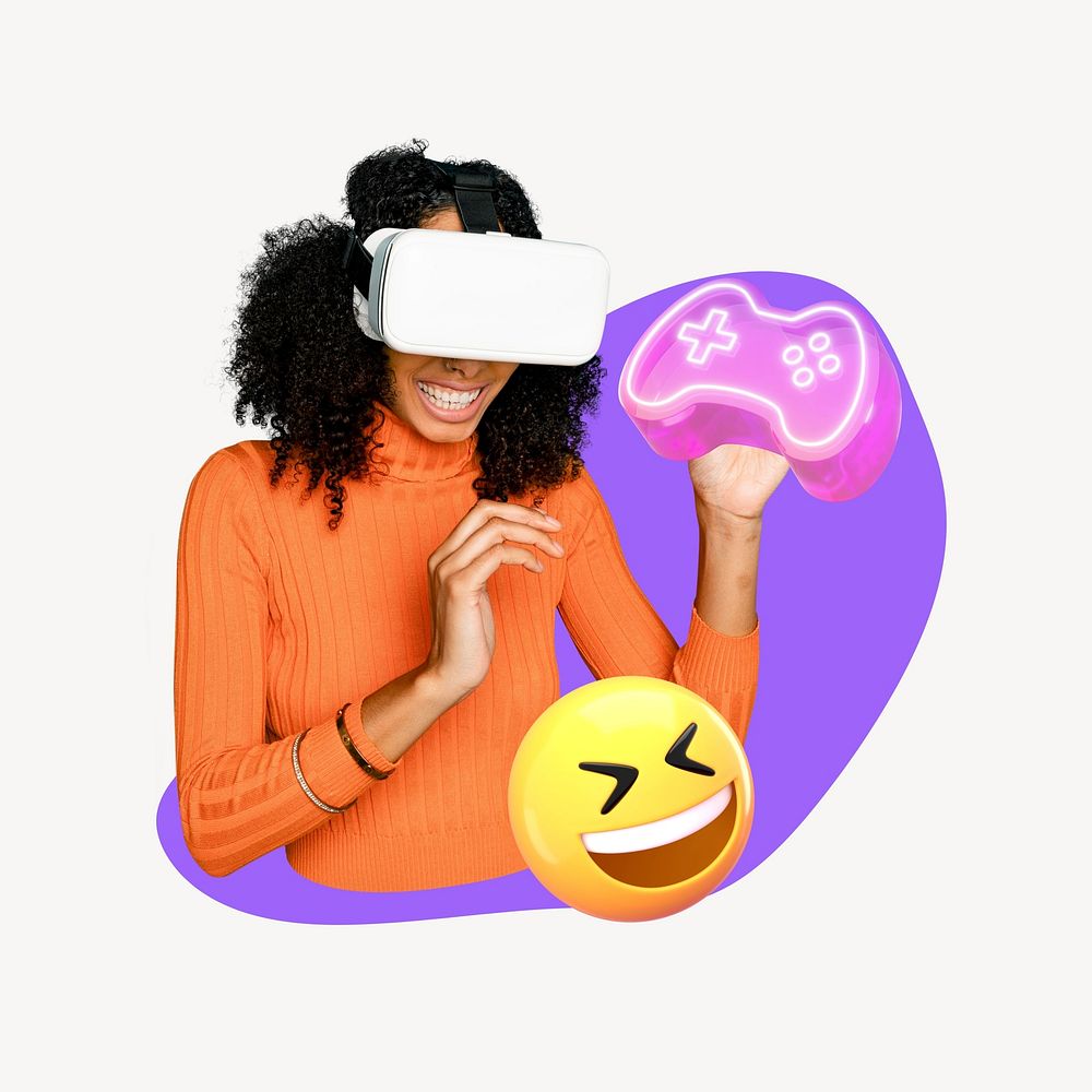 Black woman playing VR game, 3D remix