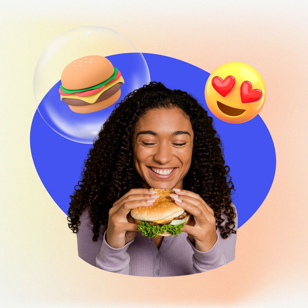 Black woman eating fast food, burger 3D remix