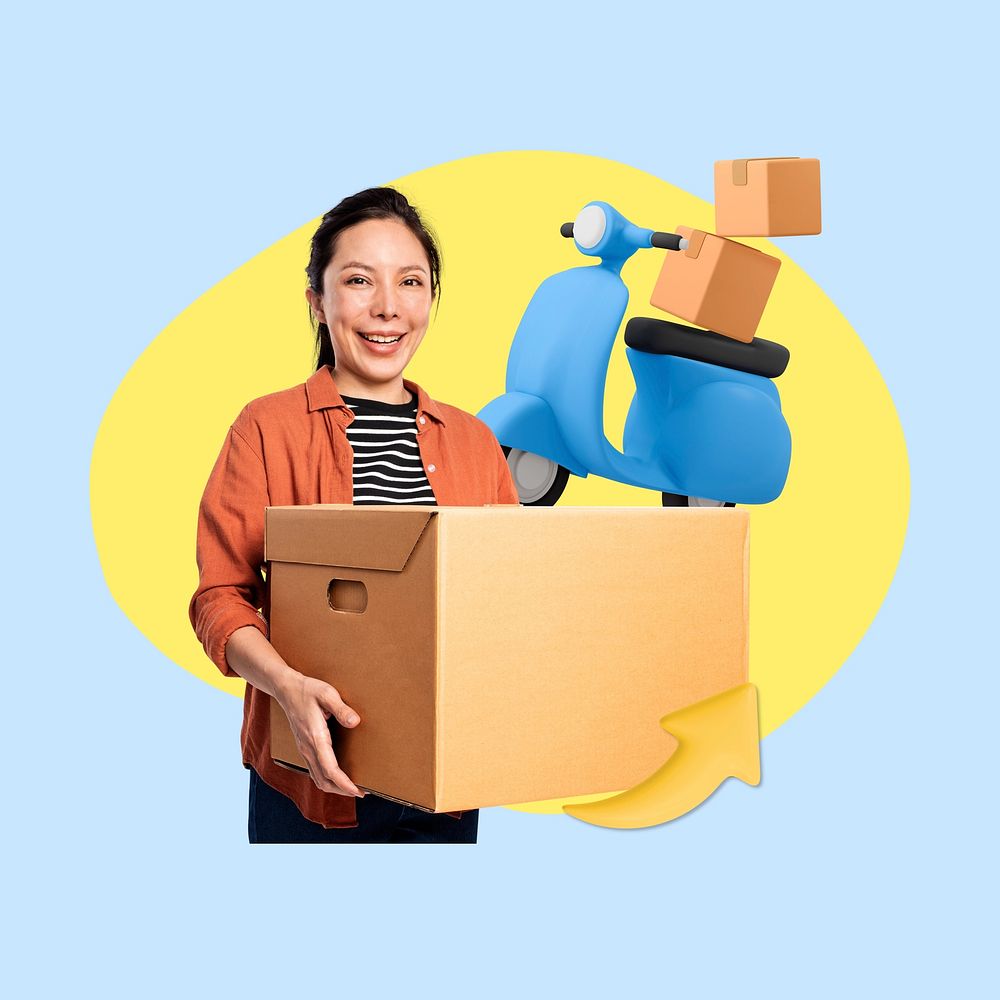 Package shipping, Asian woman, 3D remix