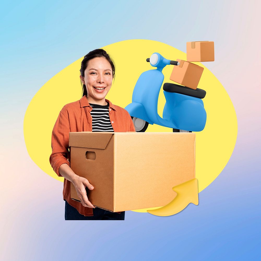 Package shipping, Asian woman, 3D remix