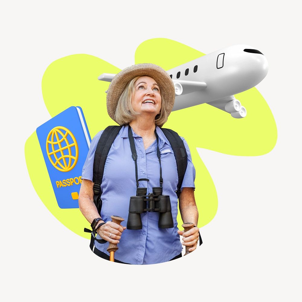 Traveling woman, senior retirement, 3D remix