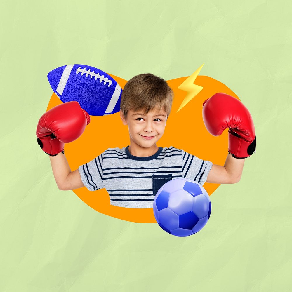 Exercising boy, elementary age, sport 3D remix
