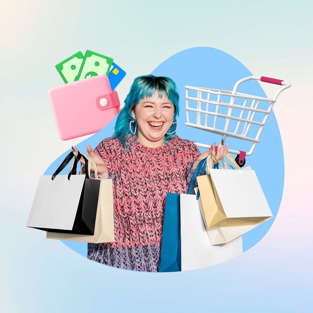 Shopping teen woman, 3D remix