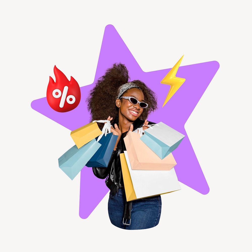 Shopping black woman, discount design, 3D remix