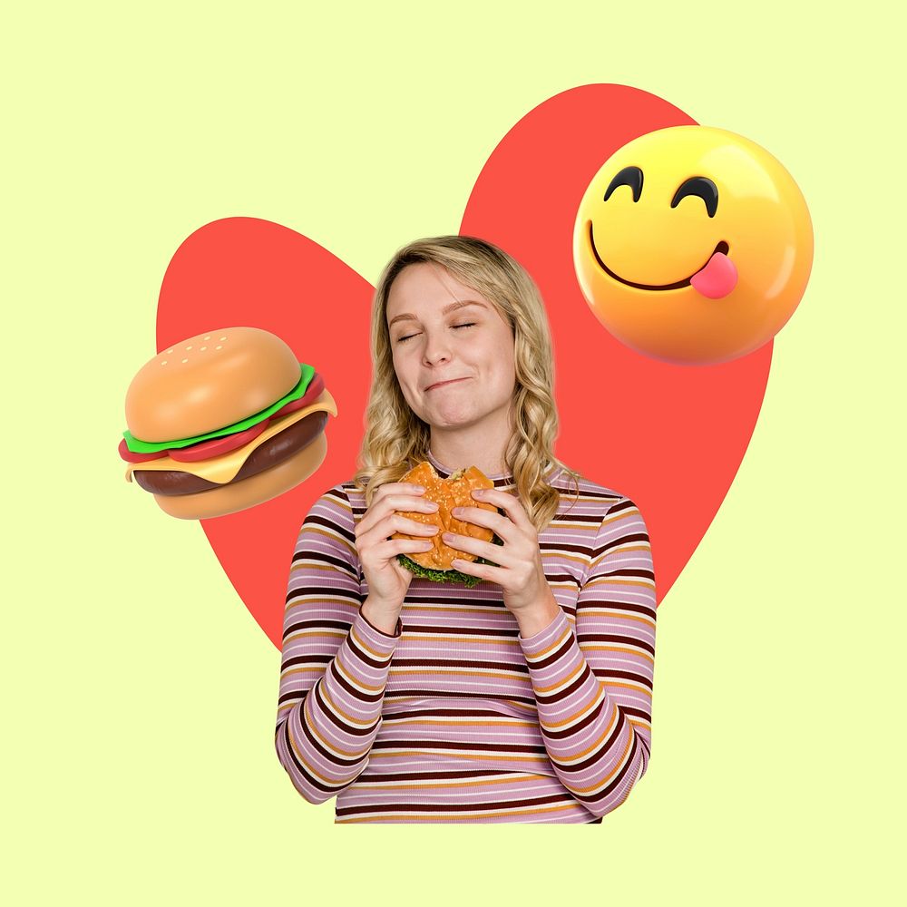 Teenage woman eats burger, delicious food, 3D remix