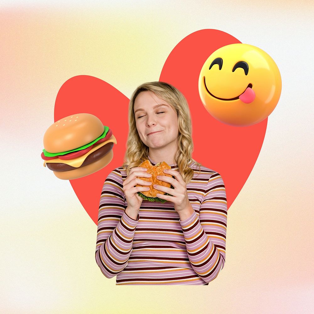 Teenage woman eats burger, delicious food, 3D remix